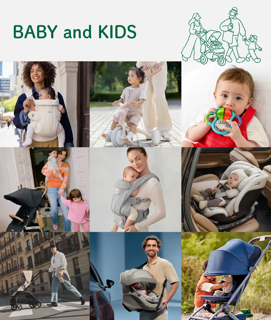 BABY and KIDS。抱っこひも、ベビーカー、チャイルドシートなどを使う親子の写真