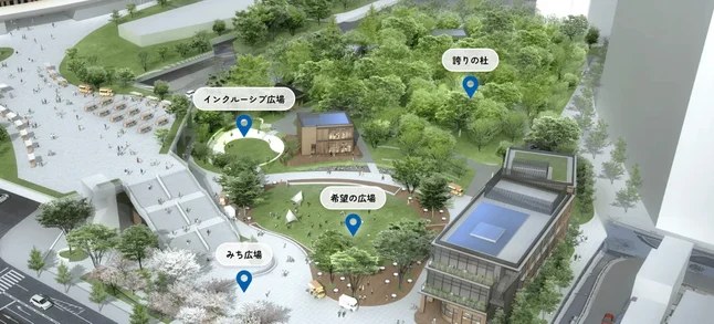 都立明治公園の会場イメージ。みち広場、希望の広場、インクルーシブ広場、誇りの杜の位置